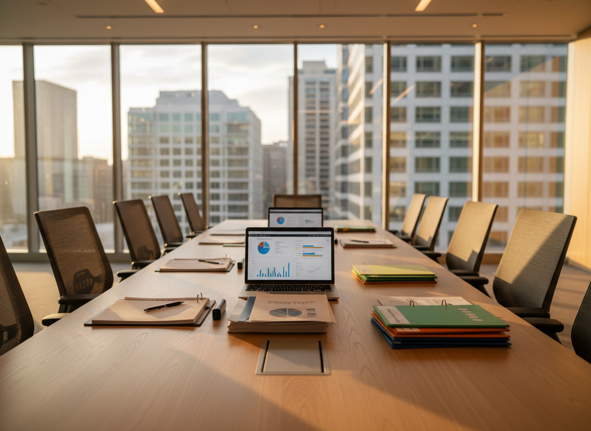 A long, sleek conference table made of light oak, its surface neatly arranged with open project binders, laptops displaying clean dashboards of impact metrics, and color-coded folders labeled with different community initiatives. Around the table, ergonomic chairs are slightly pulled back, implying recent collaboration without showing people. Floor-to-ceiling windows reveal a soft-focus cityscape beyond. Late afternoon natural light streams in, combining with understated recessed ceiling lights to create a bright yet calm atmosphere. Shot at eye level from one end of the table, using a shallow depth of field that keeps the foreground documents crisp while the background softly blurs. The photographic realism emphasizes professionalism, donor trust, and organized project advisory work in a modern non-profit office.
