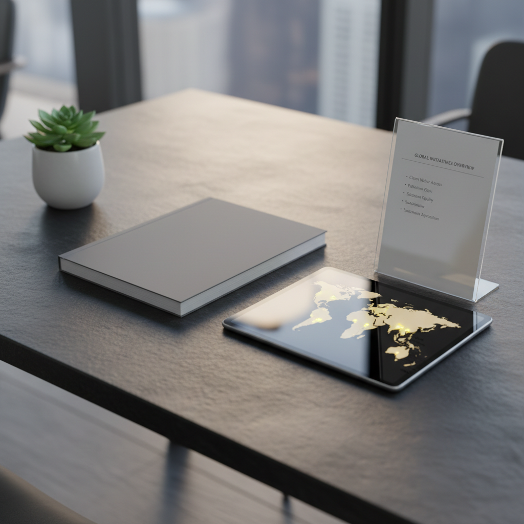 A minimalist donor briefing setup on a dark slate table: a neatly stacked impact report with a clean, unbranded cover, a tablet showing a world map with highlighted project regions, and a clear acrylic stand holding a single-sheet project summary. A small, understated plant in a matte white pot softens the scene. Overhead, soft studio lighting mimics natural daylight, creating a gentle gradient of light across the tabletop and subtle reflections on the tablet screen. Photographed from a three-quarter overhead angle with a shallow depth of field that makes the documents pop against a slightly blurred background. The photographic image communicates clarity, trustworthiness, and well-prepared philanthropic communication materials ready for donor review.