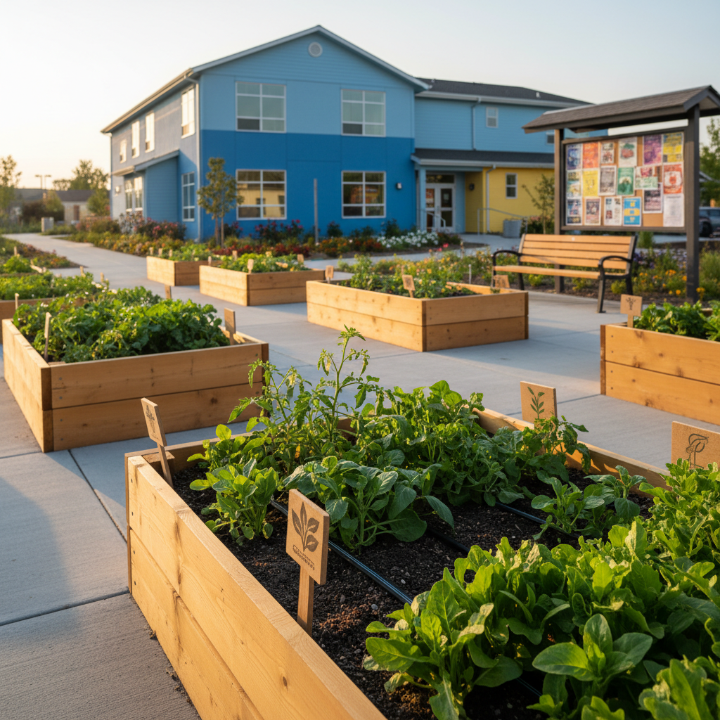 A vibrant community project site captured without people: raised garden beds constructed from clean, natural wood, brimming with healthy green plants, drip irrigation lines, and small, durable plaques indicating different crops. In the background, a newly painted community center building stands with fresh landscaping, benches, and a covered bulletin area filled with colorful, non-readable posters suggesting active programs. Warm golden hour sunlight bathes the scene, enhancing rich colors and casting long, soft shadows that add depth. Shot from a low angle near one of the garden beds, the foreground leaves are in crisp focus while the building gently blurs. The photographic realism conveys authentic community engagement, visible outcomes, and the tangible impact of philanthropic project support.