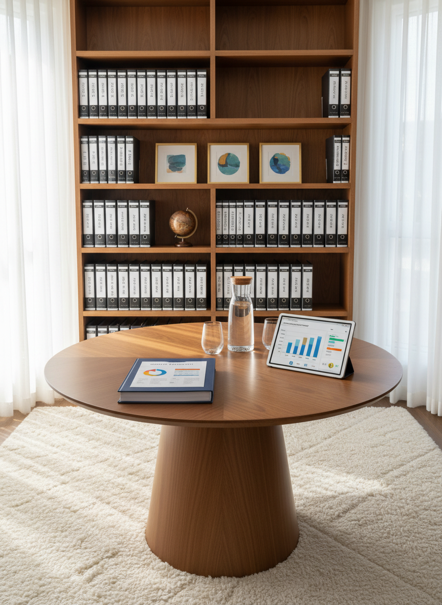 An airy meeting nook featuring a round walnut table with a polished surface, holding a single, meticulously organized grant proposal dossier, a tablet displaying a donor impact dashboard, and a slim glass carafe with water and two empty glasses. Behind, a tall bookshelf hosts binders labeled by year and region, along with a discreet globe and a few framed abstract artworks. Morning sunlight filters through sheer curtains, creating soft patterns on the rug beneath. Photographed from a slightly elevated angle with balanced composition, the scene has sharp focus throughout, emphasizing transparency, long-term stewardship of projects, and a professional yet welcoming philanthropic advisory environment in realistic photographic style.