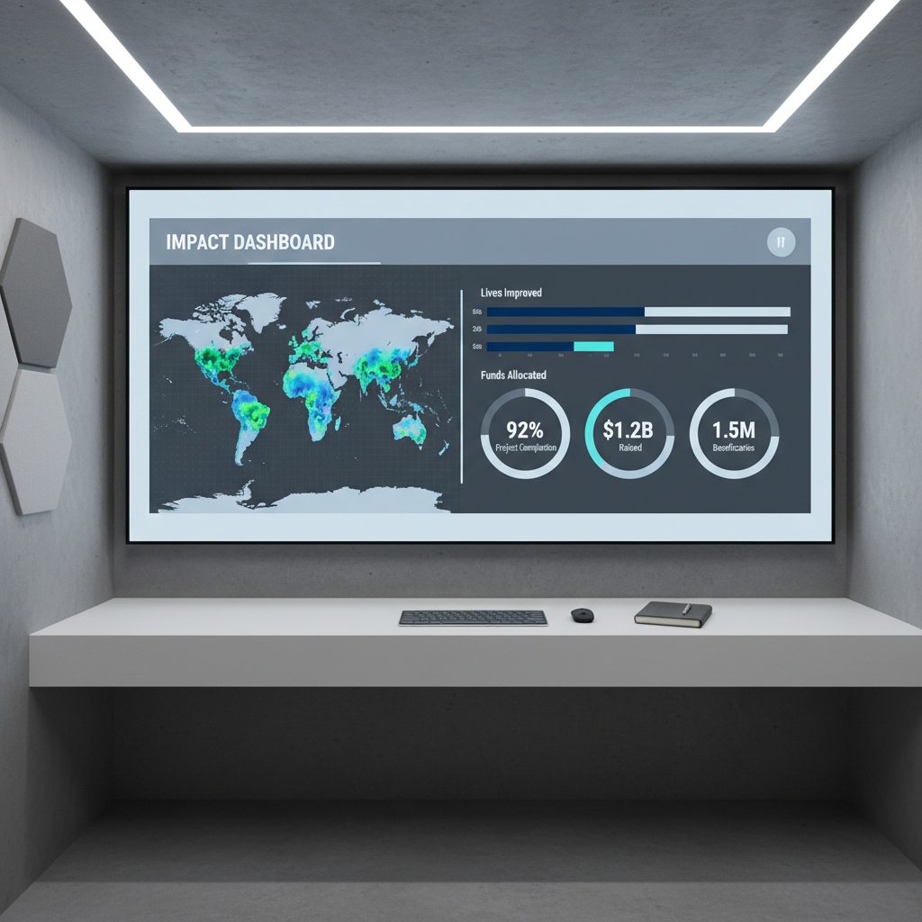 A large, wall-mounted digital display in a modern non-profit operations room, showing an elegant, data-rich impact dashboard with maps, bar graphs, and key performance indicators, all in a unified, professional color palette. Below the screen, a streamlined console desk holds a keyboard, a closed notebook, and a single pen aligned precisely. The room features muted gray walls, an acoustic panel, and a subtle accent light strip along the ceiling. Cool, even LED lighting creates minimal shadows, with the screen’s glow adding a focal highlight. Captured straight-on with symmetrical composition and sharp focus throughout, this realistic photograph underscores rigorous monitoring, transparent reporting, and data-driven donor confidence for philanthropic projects.